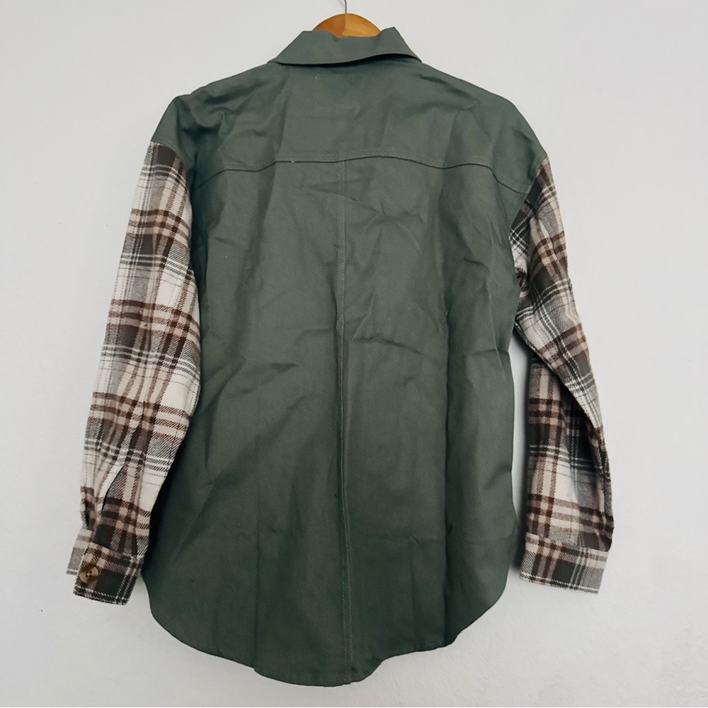 Thread & Supply Women's Button Down Shacket Top Cotton Size S Olive Tan Plaid - Picture 10 of 11